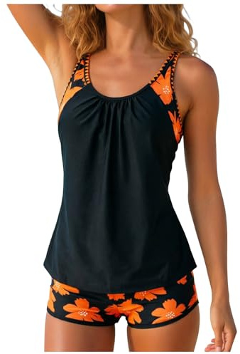 Tankini Mujer Reductor Barriga Conjunto De Tankini Mujer Traje De Baño 2 Piezas Bañador Push Up con Relleno Cuello V Bañadores con Tirantes Elegantes Y Falda para Playa Y Verano
