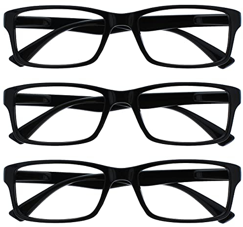 OPULIZE PEP Lesebrille für Damen und Herren - 3er Pack - Große Rechteckige Brille - Komfortable Federscharniere - Kratzfest - Schwarz - UVR +1.50