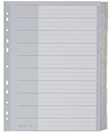 Leitz Register für A4, Deckblatt aus Karton und 10 Trennblätter aus Kunststoff, Taben mit auswechselbaren Einsteckschildchen, Grau, 43700000