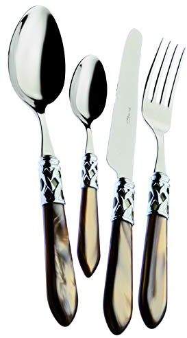 BUGATTI, Aladdin, Ensemble de 24 Couverts en Acier Inoxydable 18/10, Anneau chromé et Manche de Couleur Onyx avec Effet nacré. Set 6 Personnes: 6 cuillères, 6 fourchettes, 6 Couteaux et 6 cuillères