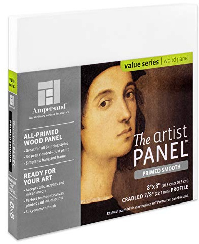 Ampersand Art Supply Primed Smooth Artist Panel | 8 x 8 | 7/8 Cradled Profile | Gessoed Wood Painting Panel for Oil, Acrylic & Mixed Media | Canvas Board & Wood Panel Alternative