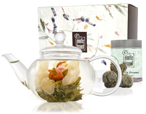 The Exotic Teapot - Classic Flowering Tea Gift Set, Glass Teapot (600ml), Sampler Tin of 5 Blooming Teas, Handmade Gift Box