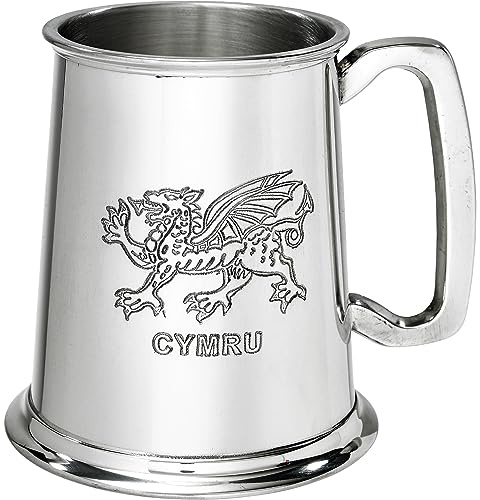 I LUV LTD Étain Chope 1 Pinte avec un Motif de Dragon Gallois Poignée Carrée Pur Lourd Jauge Bière Chope Possibilité de Gravure Cadeaux Personnalisés pour Hommes et Femmes