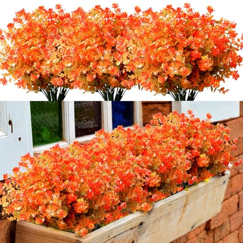 YXYQR 8 flores artificiales de otoño para exteriores, resistentes a los rayos UV, color naranja otoñal, plantas falsas de plástico sintético para colgar en exteriores, arbustos vegetales, arreglo para