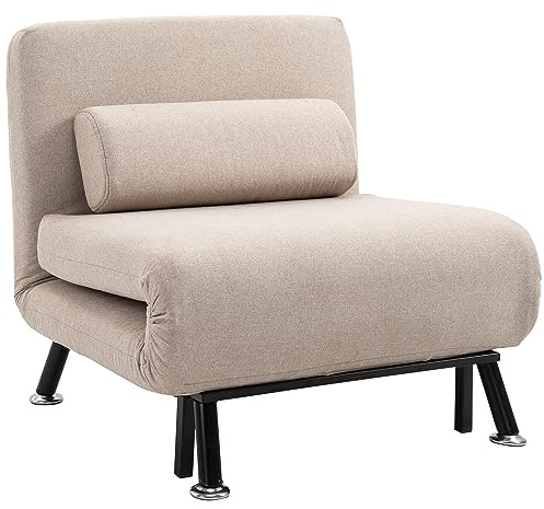 HOMCOM Poltrona Letto Singolo 3 in 1 con Schienale Reclinabile su 5 Livelli, Cuscino Imbottito e Materasso, Divano Letto Singolo Pieghevole per Soggiorno, in Acciaio, Lino, 75x70x75cm, Beige