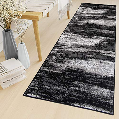 TAPISO Maya Teppich Läufer Meterware Kurzflor Wohnzimmer Flur Küche Modern Brücke Grau Weiß Schwarz Verwischt Meliert Design ÖKOTEX 60 x 250 cm
