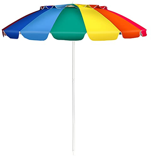 COSTWAY Parasol de Plage Inclinable Ø 2,45 M Protection Solaire UPF 50+ Baleines en Fibre de Verre avec Sac Pied Amovible pour Jardin Terrasse (Arc-en-ciel)