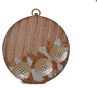 MOSELLE | Runde Clutch mit Blumen Design, Damen Tasche mit Perlen, kleine Handtasche aus Seide mit Pailletten | Roségold