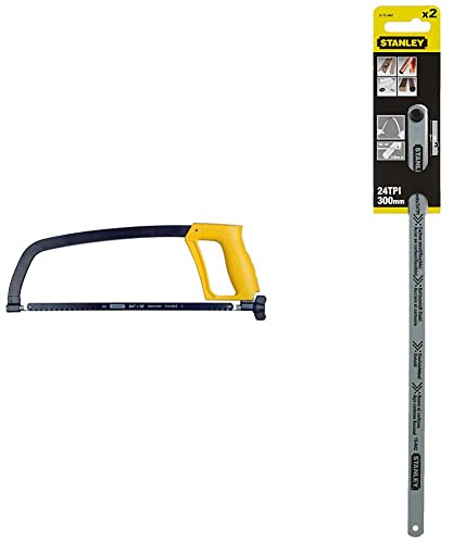 STANLEY 1-15-122 Scie À métaux 300 mm - 10 dents/cm - Poignée Révolver Ergonomique Antidérapante - 2 Angles de Coupe & 0-15-842 Lame de scie à métaux Carte 2 Lames flexible Lion 10 Dents
