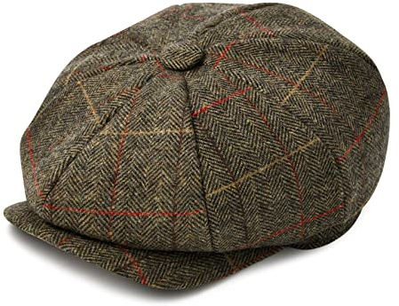 BOTVELA Herren Mütze, 8 Panel Wollmischung Newsboy Flat Cap Fischgrätenmuster Tweed Hut, kariert Khaki, 61 EU