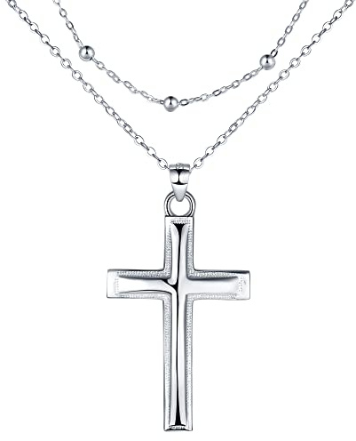 REIOT Kreuz Kette Damen 925 Sterling Silber Doppel Layered Halskette, Valentinstag Muttertag Geburtstag Geschenk, verstellbar 45+5cm