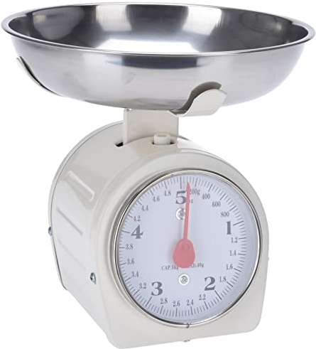 Küchenwaage in Retro-Design weiß Tragkraft 5 kg, inkl. Edelstahl - Wiegeschale, große Vollsichtskala, Tara-Funktion, 13L x 13B x 22H cm