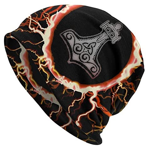 Wikinger Bedruckte Thors Hammer Beanie Mütze - Männer Frauen Verstellbare Doppelschicht Skullies Dünne Haubenkappen - Nordischer Pirat Mittelalterliche Hip Hop Mode Lässige Kopftücher