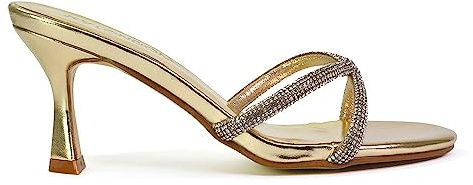 ESSEX GLAM Womens Slip On Mule Heeled Sandals Ladies Stiletto Strappy Diamante Party Shoes Size 3-8