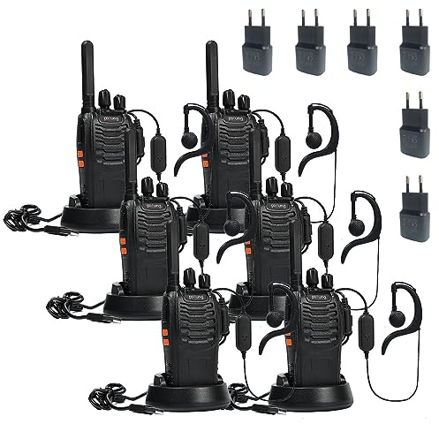 Walkie Talkie PMR446 Lizenzfreies Funkgerät, pofung PT88E Funkgeräte Set | 16 Kanäle Professionelle wiederaufladbare Walkie Talkies großer Reichweite mit EU-Ladegerät und Hörmuscheln Schwarz 6 Stück