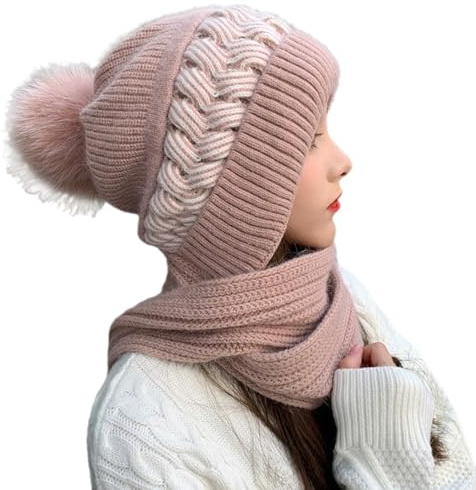 Kashyke Kapuzenschal Damen Winter Schal mit Kapuze Schalmütze Mützenschal Kaputzenschal Frauen Winddichte Pullovermütze Winter Warm Strick Mütze mit Schal Mütze Wintermütze 2 In 1