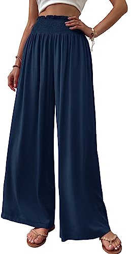 Cicy Bell Pantaloni Donna Dritto Locker Elastico Largo Gamba Vita Palazzo Con Tasche, Blu Scuro, S