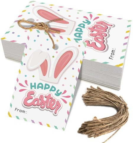 Happy Easter Bunny Geschenkanhänger, 50 Stück, Osterhasen, hängende Geschenkanhänger, Etiketten mit Schnur für Oster-Party-Dekoration (Frohe Ostern)