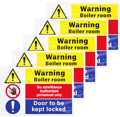 YIKIADA Warning Boiler Room No Admittance Door Kept Locked Stickers 300 × 200 mm Self-Adhesive Vinyl Safety Signs Waterproof Caution Decals for Business Shop Pack of 5