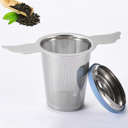 Teesieb für Losen Tee aus Rostfreier Edelstahl 18/8, Sehr Fein Sieb für Tee mit Deckel/Abtropfschale, Geräumiger Teefilter mit Breiter Doppelgriff für Teekanne/Tasse/Becher, Spülmaschinenfest (1 Stk)