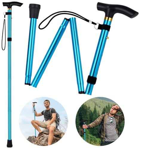 Flintronic Gångpinne, vikbar gångpinne, justerbara vikbara promenadkäppar, hopfällbar lätt flexibel pinne, bekvämt grepp hållbar rörlighetshjälp för män kvinnor, sjöblå