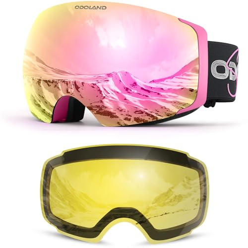 Odoland Magnetic Interchangeable Ski Goggles with 2 Lens, Large Spherical Frameless Snow Snowboard Goggles for Men Women, Pink Frame Pink Lens