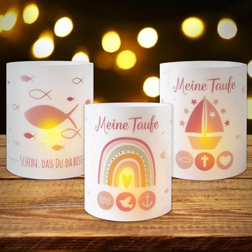 BOOMTOP 12 Windlicht Tischdeko Taufe Teelicht Lichthülle Schön DASS du da bist Mini Kerzen Deko Rosa Kommunion Tischlichter Meine Taufe Konfirmation Erstkommunion Teelicht Kerzen Dekoration
