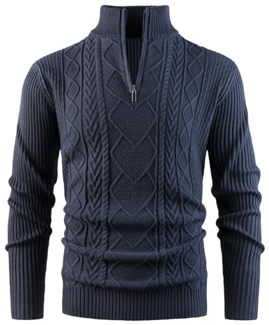 Btmpmcs herr 1/4 dragkedja v-ringad jumper långärmad ståupp-stickad tröja höst vinter varm pullover ledig arbete golf topp halv dragkedja kabel stickad klassisk tröja, marinblå, M