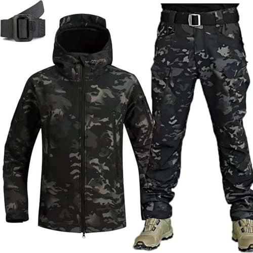 Generisch Herren Softshell Jacke Taktische Uniformen Militärische wasserdichte Armee Kampfanzug Sets Jagdbekleidung Hose Leicht Outdoor ReißVerschluss Kapuzenpulli,C,3XL