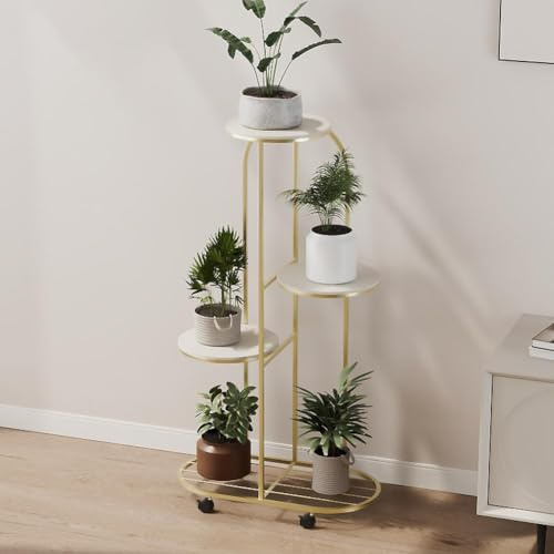 Zstar 5 Etagen Pflanzenständer Blumenständer Metall Pflanzentreppe Ecke Blumenregal Pflanzenregal Indoor Outdoor Mehrere Blumentreppe mit Rädern für Balkon Garten Wohnzimmer, gold