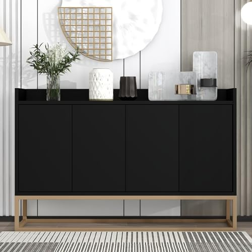 Xnferty Sideboard mit 4 Türen 120 cm, Sideboard Kommode im minimalistischen Stil, Modernes Buffetschrank mit 4 Türen, Kommode Schrank Buffetschrank mit Verstellbares Regal und Metallbeinen (Schwarz)