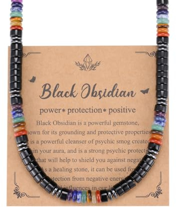 Zysta Collana da Uomo con Perline in 7 Chakra Gemme 6mm Chakra Collana Perle in Pietra Naturale con Ematite per Donna Uomo Unisex Gioielli Protezione Portafortuna Amuleto Reiki Ossidiana Nera