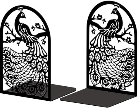 Peacoblue Buchstützen Metall,Pfau Buchstütze Dekorativ für Bücher | 1 Paar 5.3x4.3x7.9 schwere Gusseisen Buchhalter, Stabile Buchstopper für Bücherregal, Schreibtisch, Büro und Wohnraum