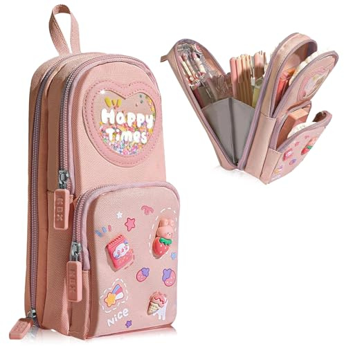 FULHANY Pencil Case Aesthetic - Federtasche - FedermäPpchen MäDchen 3 FäCher - Etui Schule - Pinkfarbenes FedermäPpchen Mit Dekorativen AufnäHern, Perfektes Schulmaterial FüR SchüLer