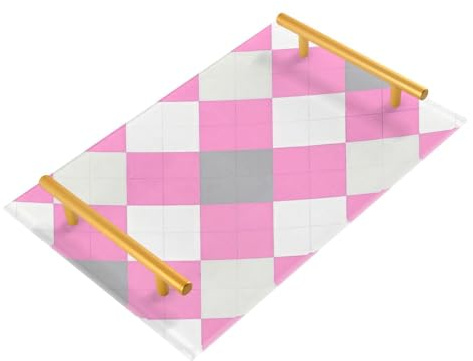 Plateau de dîner décoratif à carreaux magenta avec poignées - Plateau de service plat pour bijoux, parfum pour service de chambre, bandejas decorativas para sala