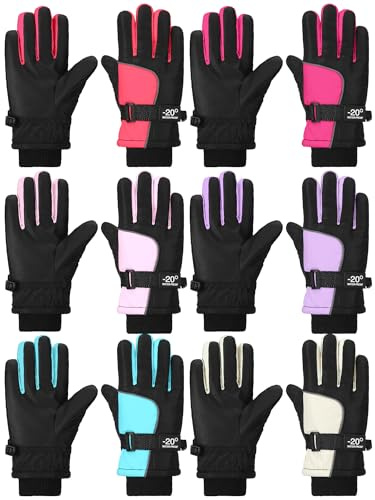 Bencailor 6 Pairs Kids Winter Gloves Waterproof Ski Glove Boy Girl Warm Snow Snowboard Mittens for Cold Unisex(Blue-Green Peach Pink Beige Light Pink Light Purple Rose Red,8-12 Years,Sweet,Plain)