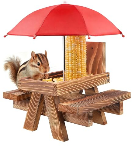 Eichhörnchen Futterhaus, Eichhörnchen-Futterstation mit Regenschirm, Eichhörnchenkobel aus Holz zum Hängen, Eichhörnchen-Futterspender für Draußen Garten Baum Zaun Befestigt, 21×18×18 cm