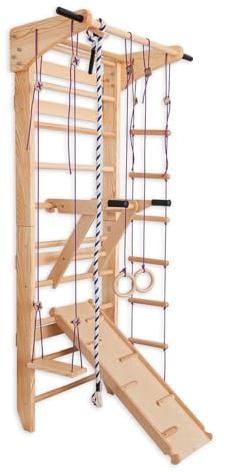 Escalera sueca con barras paralelas para niños y adultos – Muro de escalada de madera, equipo de entrenamiento multifuncional con anillas, tobogán, columpio (Beige)