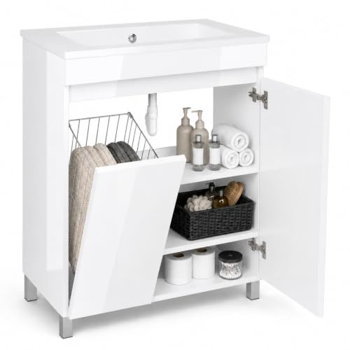 paplinskimoebel Waschtisch mit Unterschrank 60 cm Waschbeckenunterschrank Ribera, Hängend oder Stehend, für Badezimmer, Soft Close, Wäschekorb, Badmöbel Set mit Waschbecken, Hochglanz (Weiß, 60)