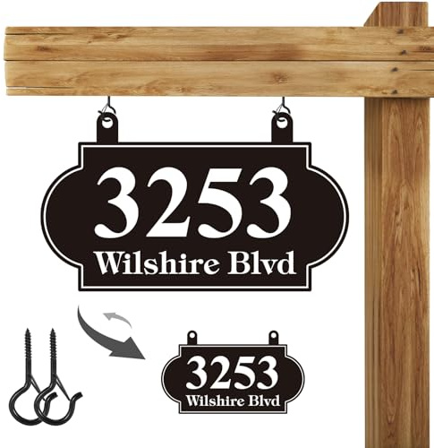 Hanging Address Sign DOUBLE SIDED, Personalized House Number Sign Plaque, Metal Address Plaque for Outside House,Mailbox,Lamp Post,Rust-Free Reflective Any Fonts & Colors with Hooks Kit (Style-03)