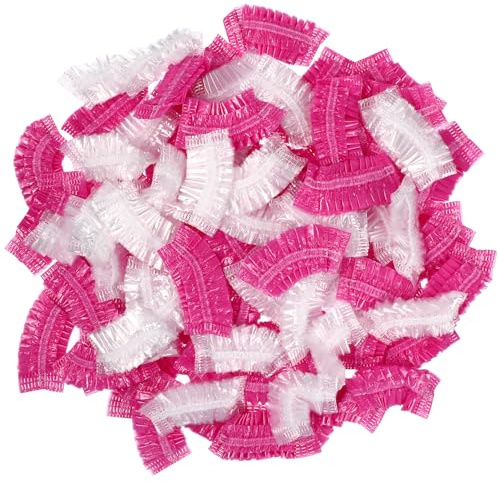 DINHEAROM 200 Pcs Disposable Ear Covers for Shower with Double-sewn Elastic Band Ear Protectors for Hair Dye Bathing Hair Wash Salon and Daily Use Transparent and Pink