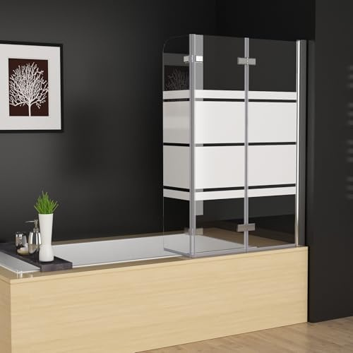 MEESALISA 120 x 140 cm Duschwand für Badewanne Dusche Duschabtrennung 3 Teilig Faltwand 5mm ESG Glas mit Weiße Streifenmuster 360º Schwenkbar Klappbare Glaswand Duschtrennwand