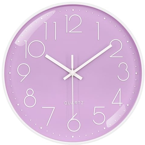 VIKMARI 12 Inch Purple Modern Silent Wall Clock for Bedroom Kids Room | Easy to Read 3D Large Arabic Numerals, Silent Sweep Quartz Movement, Tempered Glass for Office Bathroom