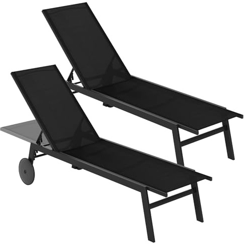 KOMFOTTEU Set di 1/2 Sedie a Sdraio da Giardino con Ruote, Lettino Prendisole Reclinabile con Schienale Regolabile in 6 Posizioni, Lettino da Spiaggia in Tessuto e Metallo, Carico 150 kg (2, Nero)
