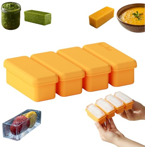 Bar shaped Silicone Freezer Mould for Smoothies, Soups & Sauce with 4 Compartments, 85mL Large Ice Cubes, Microwave & Oven safe,Ice Cube Tray for Cocktails,Iced Coffee, Baby Food, Total Capacity 340ml