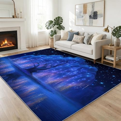 Tappeto rettangolare con stampa anime Fantasy lavabile in lavatrice, 100 x 160 cm, per soggiorno vintage blu salice blu cielo stellato stampato tappeto blu per camera da letto antiscivolo - tappeto