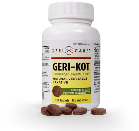 Geri-KOT Senna Laxative & Stool Softener Tablets, 100ct| Natural Vegetable Stimulant Laxative| Smooth Bowel Movement Senna Tablets| Fast-Acting, Gentle Constipation Relief| 8.6mg Sennosides Laxative
