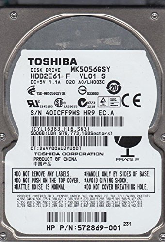 Toshiba MK5056GSY, A0/LH003C, HDD2E61 F VL01 S, 500GB SATA 2.5 Hard Drive
