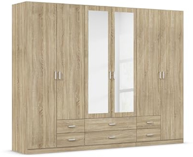 Rauch Möbel Gamma, Kleiderschrank, Farbe Eiche Sonoma, Breite 271 cm | Schrank, Mehrzweckschrank, 6-türig, Spiegel, 6 Schubladen, für Schlafzimmer, Gästezimmer, Kinderzimmer, Garderobe, Flur