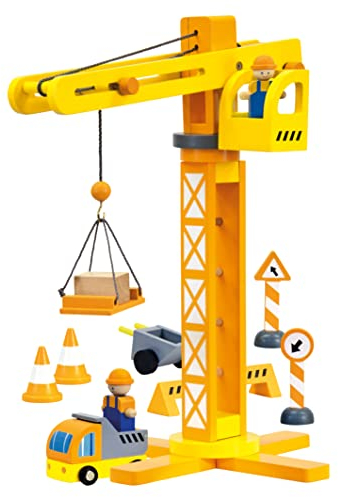 Bino Holz-Baukran, Spielzeug für Kinder ab 3 Jahre, Motorikspielzeug, Kinderspielzeug (Holzspielzeug inklusive Baustellen-Zubehör, realitätsnah & langlebig, regt Kreativität & Fantasie an), Gelb